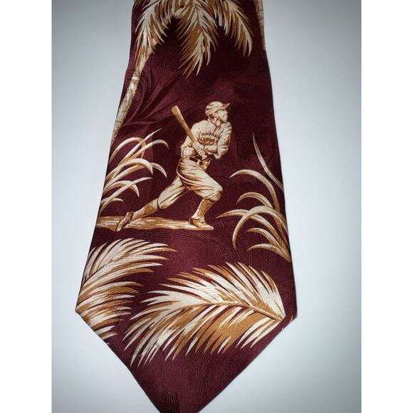 TOMMY BAHAMA Men's Baseball Burgundy Palm Trees Tropical Silk Neck Classic Tie - Picture 1 of 8